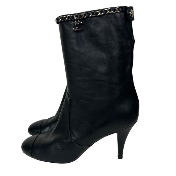 Chanel Soft Black Leather CC Chain Ankle Heeled Boots 9 - Picture 1 of 10